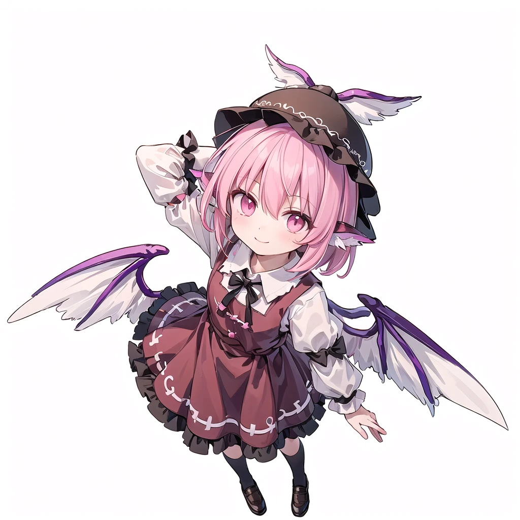 (((one girl))),(((mystia lorelei))),(((touhou))),(((short hair,pink hair))),(((pink eyes))),(((very small bird wings))),(((brown headwear, hat))),(((brown dress,pinafore dress,white shirt,collared shirt,dress bow,pink bow,long sleeves,frilled sleeves,kneehighs,black footwear,winged hat))),(((smile))),(((full body))),(((arm behind head))),(((model posing))),(((simple white background))),(((Angle from above:1.5)))