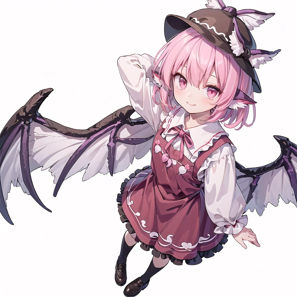  (((one girl))),(((mystia lorelei))),(((touhou))),(((short hair,pink hair))),(((pink eyes))),(((very small bird wings))),(((brown headwear, hat))),(((brown dress,pinafore dress,white shirt,collared shirt,dress bow,pink bow,long sleeves,frilled sleeves,kneehighs,black footwear,winged hat))),(((smile))),(((full body))),(((arm behind head))),(((model posing))),(((simple white background))),(((Angle from above:1.5)))