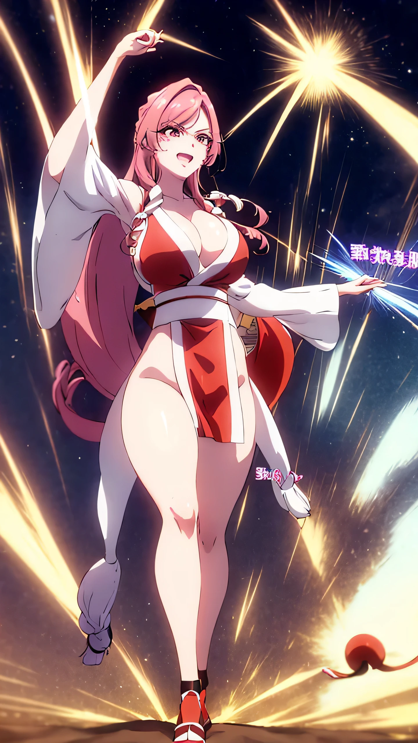 solo, Hahari Hanazono, adult, hair ornament, big breasted, cleavage, full body, long hair, hair ornament gorgeous legs and thighs, cosplaying as Mai Shiranui, she is getting ready to fight, making her guard pose, looking at the viewer, sweating , feeling confident and proud, smiling joyfully and happily, bouncing breasts, fighting scene, martial arts tournament on the beach