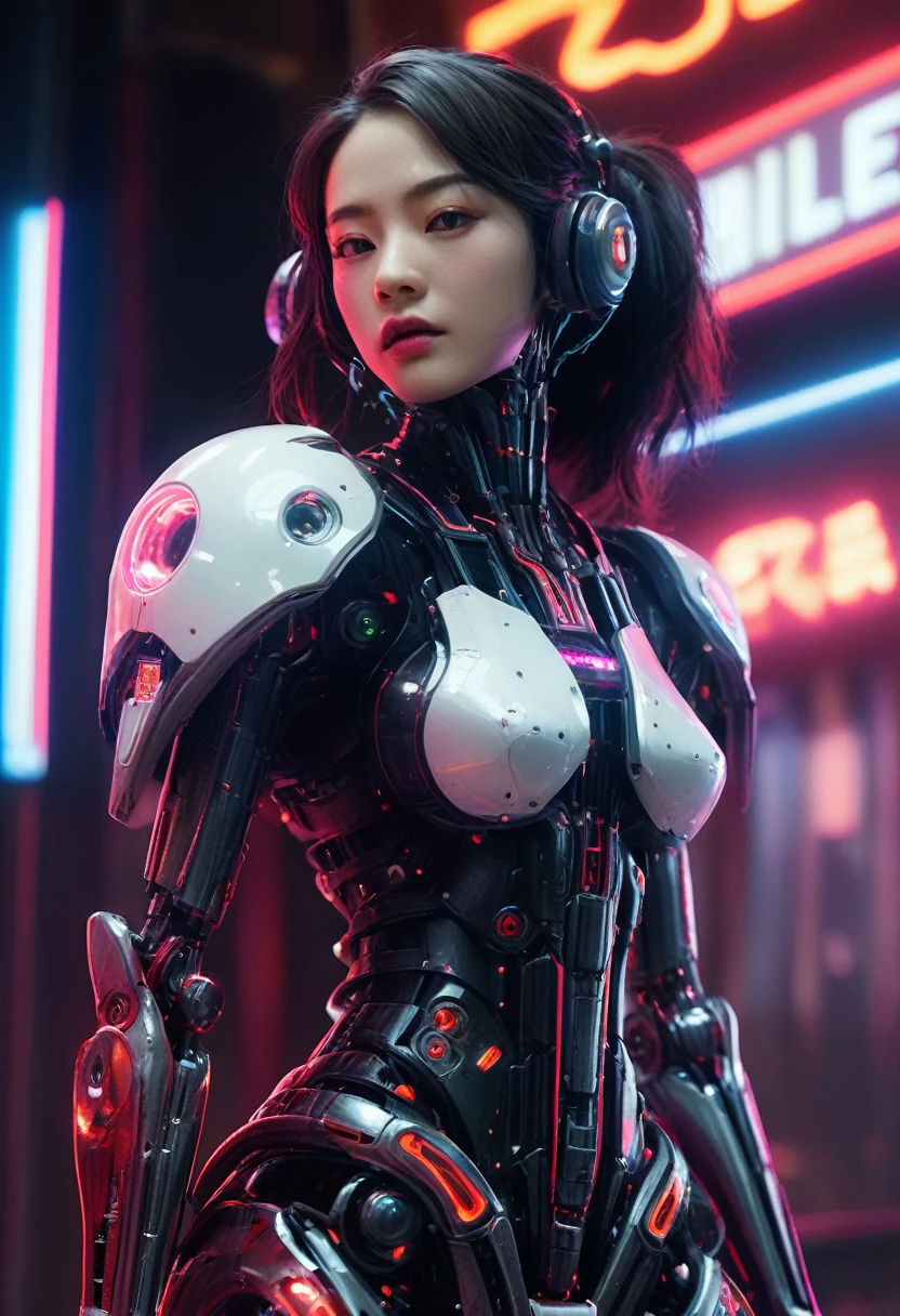 xxmixgirl. Highly detailed professional 35mm film, bokeh, face in sharp focus. A robotic female, Miku, with ((metal skin)), ((perfect Asian eyes)) with magenta irises and ((black pupils)), beautiful serious (detailed face), 18 year old ((photorealistic face)), very long magenta twin tails of magenta hair, twin black hair ties with a single red stripe. She may have a black audio headpiece. We can see her ((full body)) down to her boot soles. Her outfit is a sleeveless collared light grey shirt, outlined in red around the frilled collar and hems. Shiny reflective ((metallic breast cups, dimpleless)), invisible nipples. She wears black sleeves with red hems that start around her upper arm and bellow out as the sleeves open and extend to her wrists, with wide trumpet red rimmed cuffs. She has perfect robotic (detailed hands). She wears a red colored tie with two horizontal solid parallel black lines halfway across. She wears a fabric black skirt with a horizontal red hem at the bottom all the way around; her (((black skirt wraps around her))) and ((her skirt completely covers)) her robotic waist and thighs. Tall black boots with red bottom soles, a red rim around the top at her thighs. Her mechanical shoulder joints are visible. We can see her robotic legs and robotic neck. Half of her is covered with shiny polished machinery. The background is a distant dark neon futuristic Japanese city, gold, cyan, violet neon, near harbor or mountains.