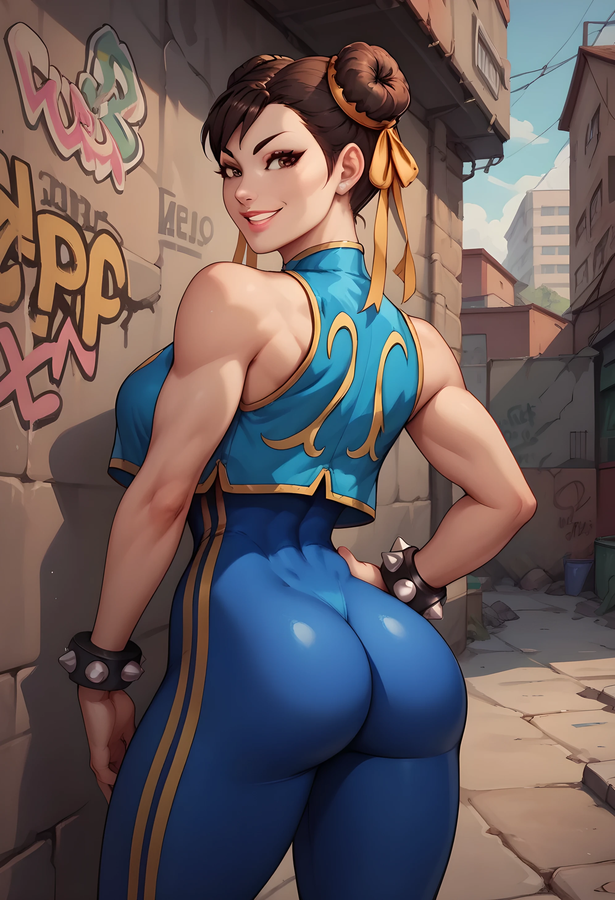 score_9, score_8_up, score_7_up, score_6_up, source_cartoon, BREAK masterpiece. CHUNLIAL, brown eyes, double bun, yellow ribbon, blue bodysuit, crop top, sleeveless, breasts, hand on own hip, looking at viewer, smile, parted lips, back, back view, smile, parted lips, alleyway, concrete wall, graffiti,