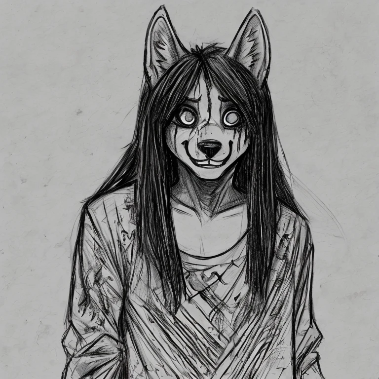 Carol, canine, ghost, anthro, female, solo, full body, long black messy hair hair, (blood on clothing), red blood, ragged clothes, halftone, scar, smile, wide eyed, monochrome, by hladilnik, SKETCHY_JBX, messy lines