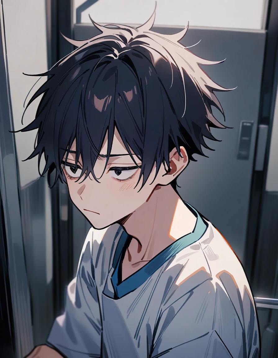 (1boy,jujutsu kaisen) solo, ((white)), black hair, (layered cut)), black eyes, hospital clothes, tired eyes, eye bags, , masterpiece, best quality, high quality, upper body, male focus, 