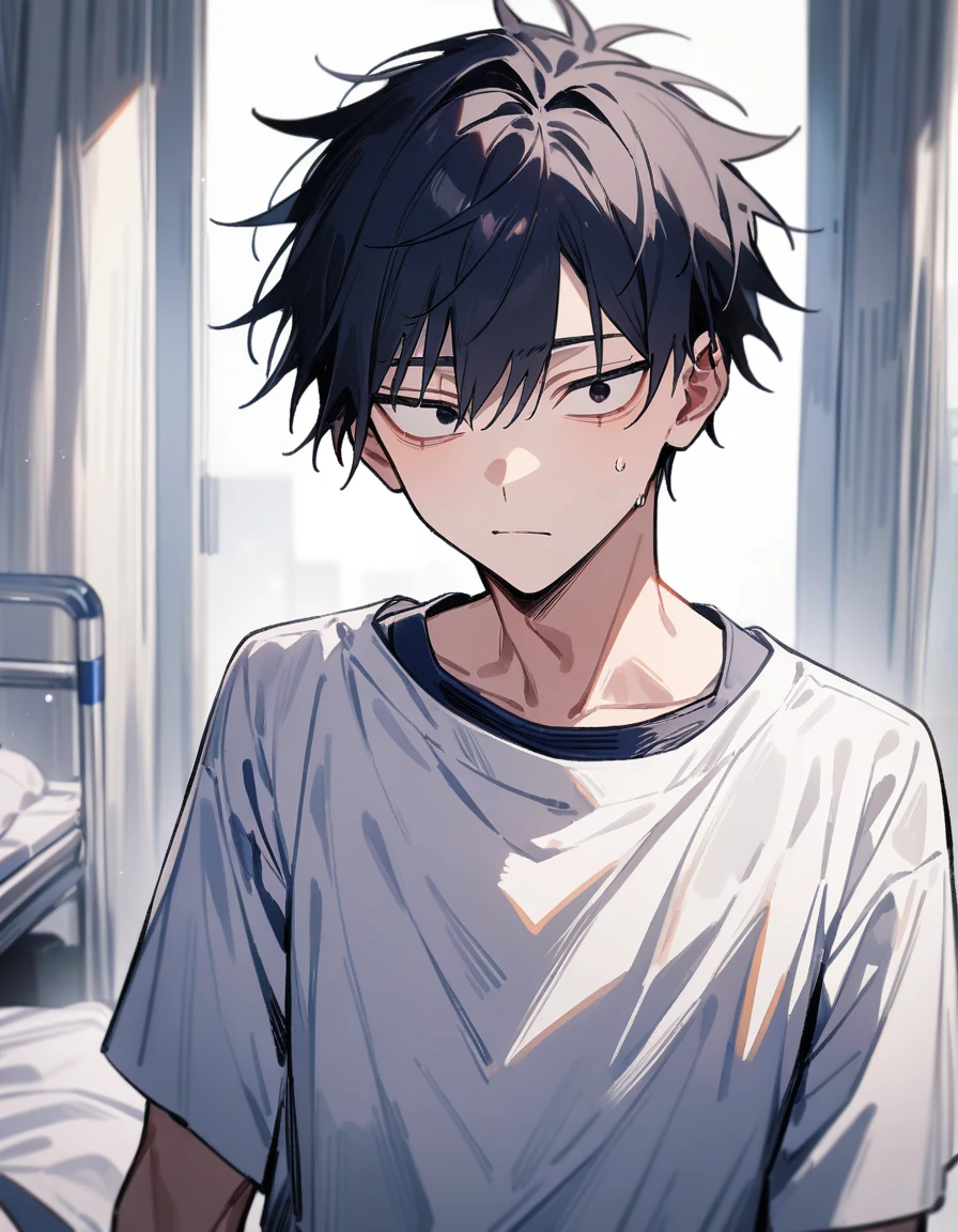(1boy,jujutsu kaisen) solo, ((white)), black hair, (layered cut)), black eyes, hospital clothes, tired eyes, eye bags, , masterpiece, best quality, high quality, upper body, male focus,