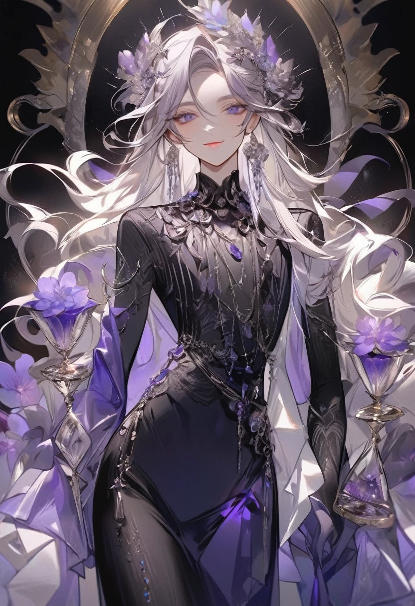 Feminine boy, soft womanish facial features, smile, squinted siren dark blue eyes without glare, silver and dark purple long loose hair with straight bang, fantasy black clothes with blue and purple elements, long black gloves, model, gorgeous, elegant, lots of silver jewelry, flowers in his hair, skinny body, hourglass figure, light lipstick