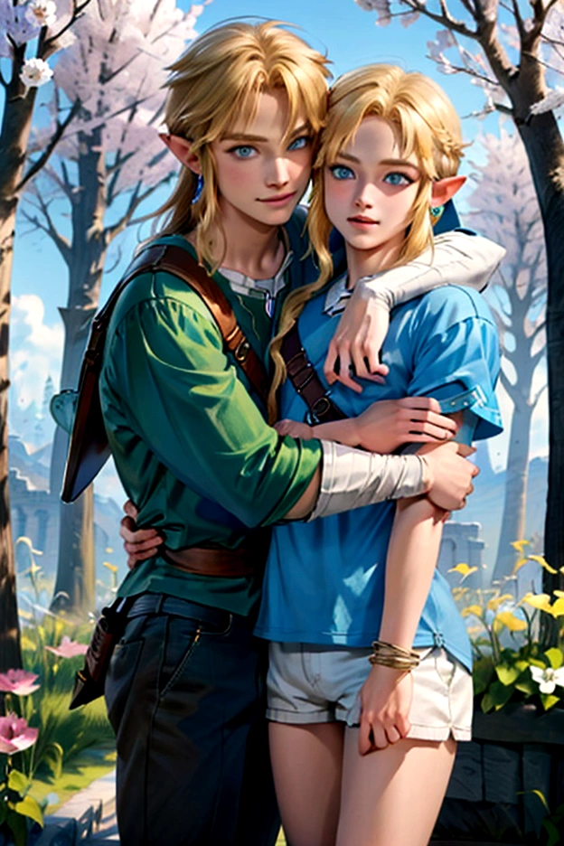 ((Artwork)), (Highest quality), (detailed), ((1 boy)), (Link to the Legend of Zelda), smile, Short blonde,A blue-eyed boy and a blonde long-haired girl hug each other, Spring season, Bright colors