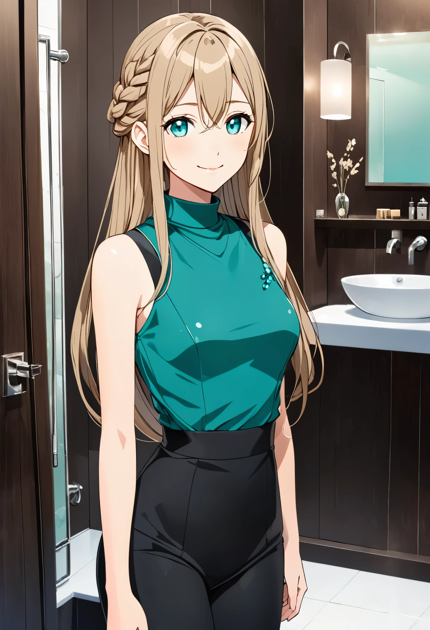 solo, 1, tall, old figure, (straight hair with braid end (dark blonde)), beautiful face, (close mouth:1.2), smiling softly, small breast flat, teal colored crystal themed sleeveless mock-neck dress, black leggings pants and skirts overlay, bathromm, anime style