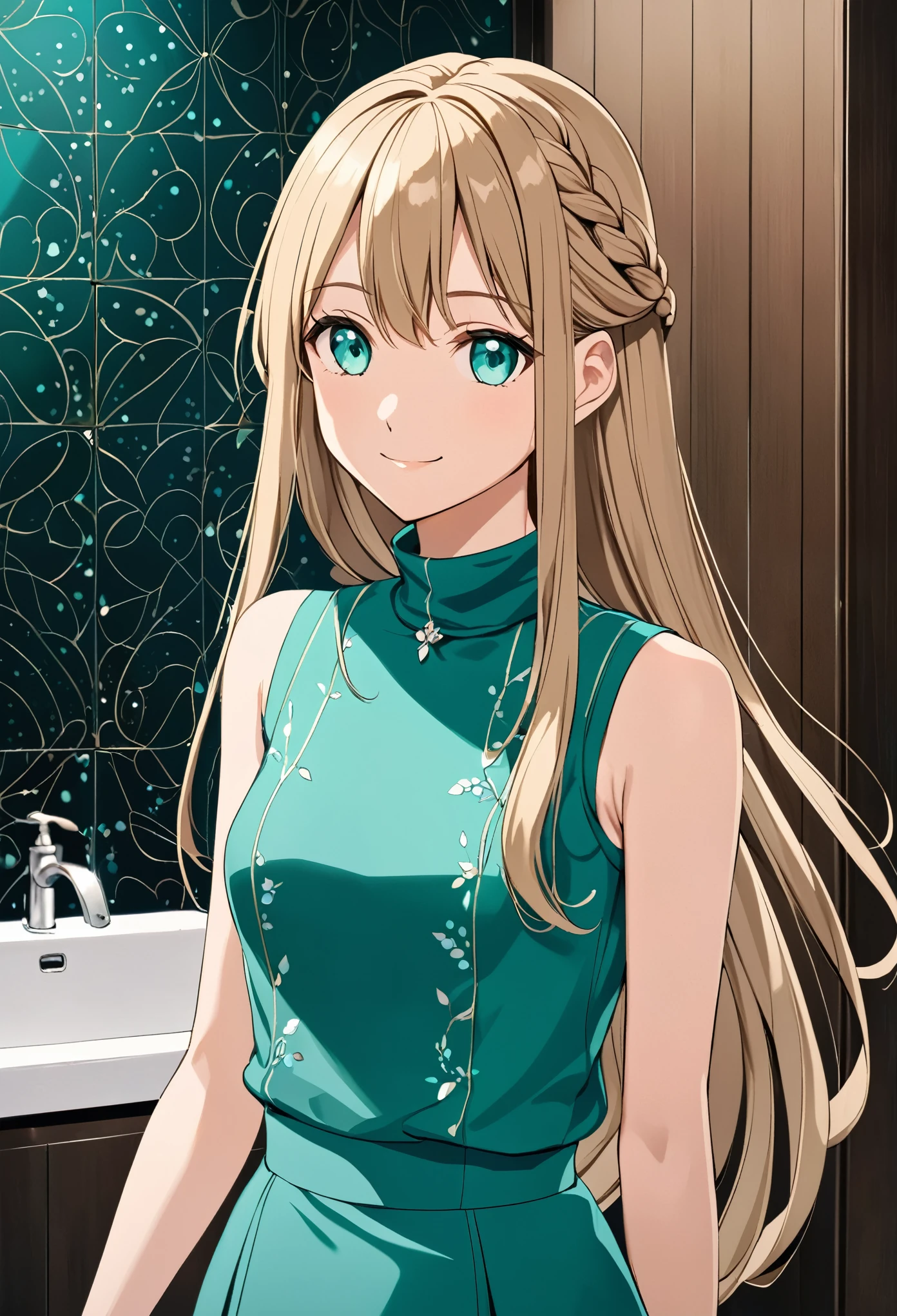solo, 1, tall, old figure, (straight hair with braid end (dark blonde)), beautiful face, (close mouth:1.2), smiling softly, small breast flat, teal colored crystal themed sleeveless mock-neck dress, black leggings pants and skirts overlay, bathromm, anime style