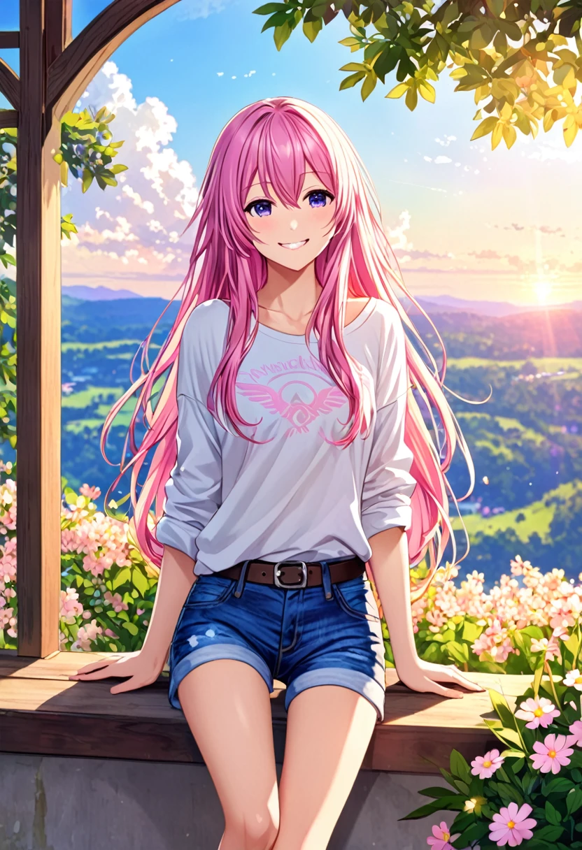 Megurine Luka smile casual clothes jeans colorful morning peace