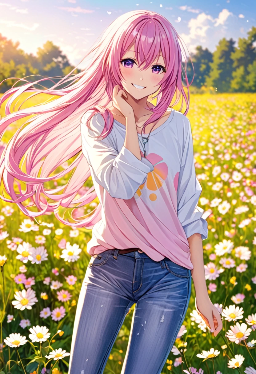 Megurine Luka smile casual clothes jeans colorful morning peace