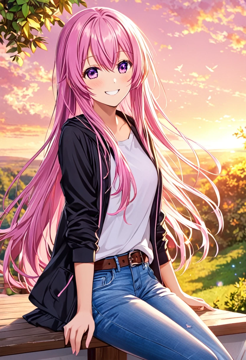 Megurine Luka smile casual clothes jeans colorful morning peace