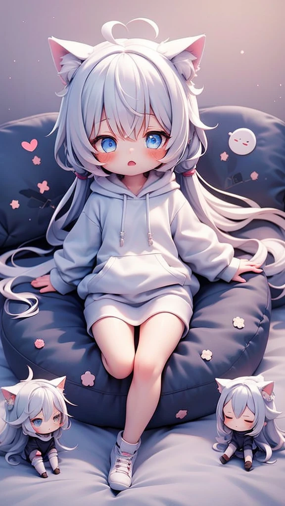 Little beautiful girl，Cat ear，Long white hair，Light blue eyes，cute, young, small limbs, short fingers, Wearing an oversized hoodie，sleeping，Surprised expression，1 person，Open your arms，Bed，chibi