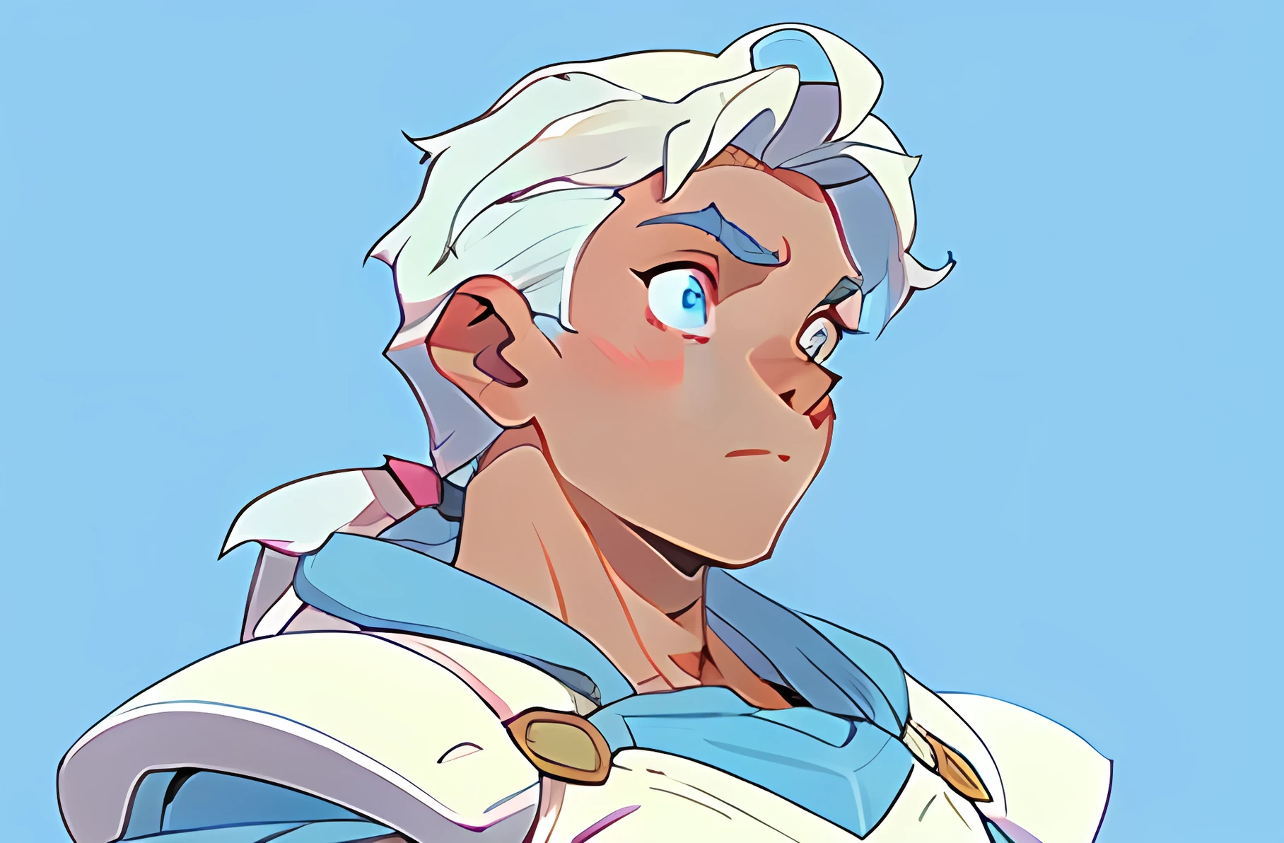 Light-skinned boy with short white hair and light blue eyes. Sexy muscular man with blue and pink armor prince charming. reference sheet 