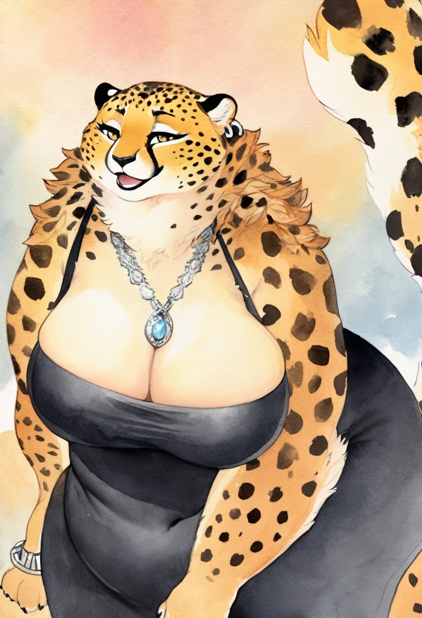 cover page, highres, top quality, best quality, paid reward available, unparalleled masterpiece, perfect artwork, absurdres, High-quality illustrations, watercolor, soft color, Height difference, Physical difference, perfect anatomy, smile, sexy, Female cheetah, fat, fat belly, fat thighs, fat arms, lovehandles, big breasts, silver eyes, golden yellow fur, black cheetah markings, black dress, silver earrings, silver bracelets, silver rings, silver necklaces,