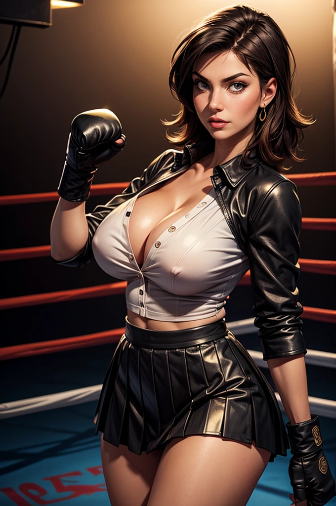 illustration of a thicc maturise Milani) posing seductively in a boxing ring, in a strip bar, wearing a (black leather long-sleeved shirt, buttoned upblack leather pleated skirt), gold fighting gloves. highly detailed, intricate details, best quality, masterpiece, 4k resolution, anime, art, low light, night. looking at the viewer, facing the viewer, eye contact, expressive look