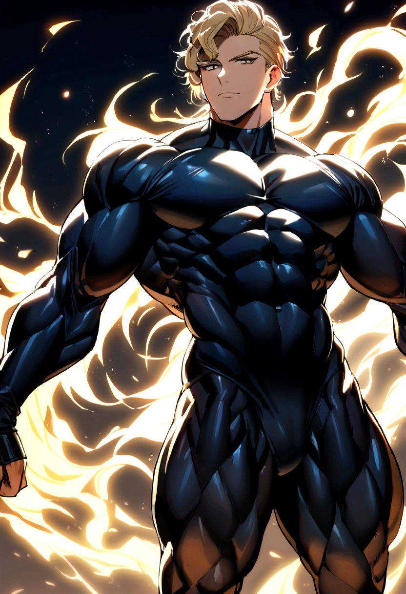19-year-old boy with a muscular and robust body, grey eyes, clear and smooth skin, short wavy blonde hair, tall, handsomem, handsome, with grey magic energy aurond.