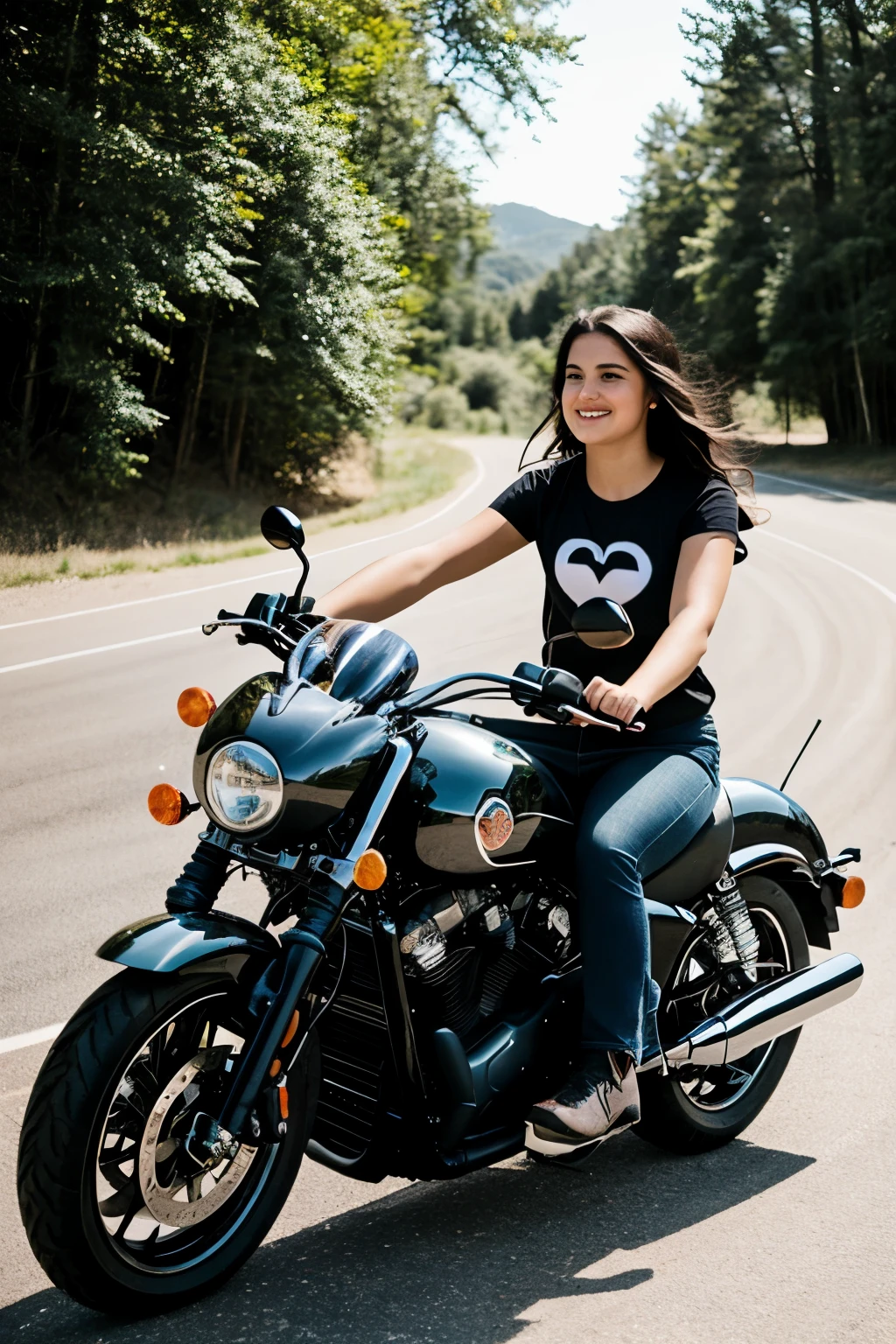 a girl on a motorbike making a heart with her hands while she is driving to a boy inside a dodge challenger car