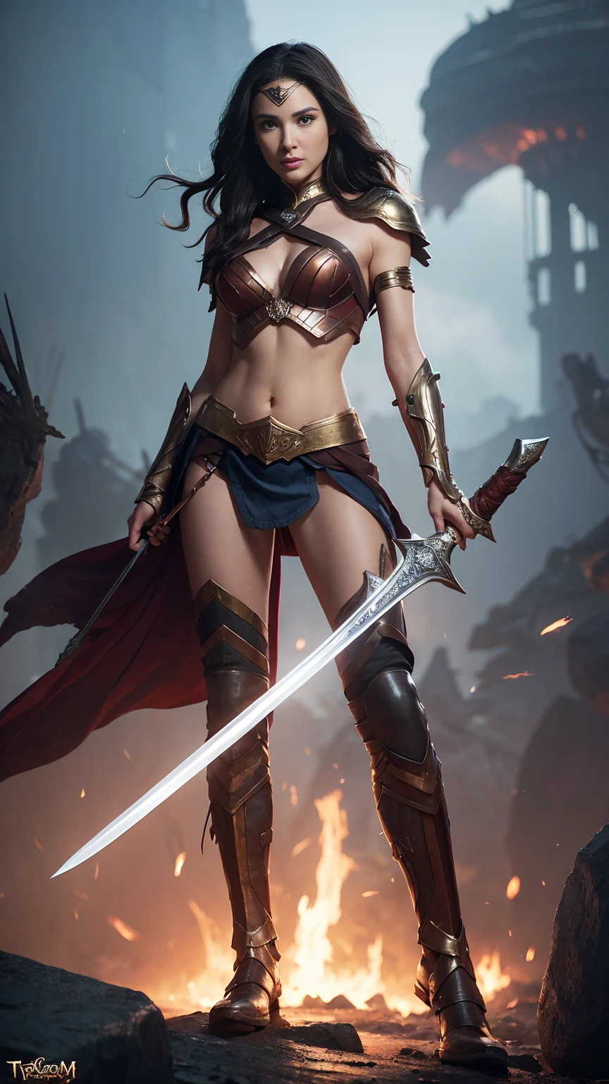 (((full body photo))),a woman dressed as a warrior holding a sword, sexy painting of gal gadot, tyler edlin fantasy art, fantasy woman, gal gadot as hell lord, zenescope, a very beautiful berserker woman, magali villeneuve', as seen on artgerm, very beautiful female barbarian, artgerm julie bell beeple, 4k fantasy art