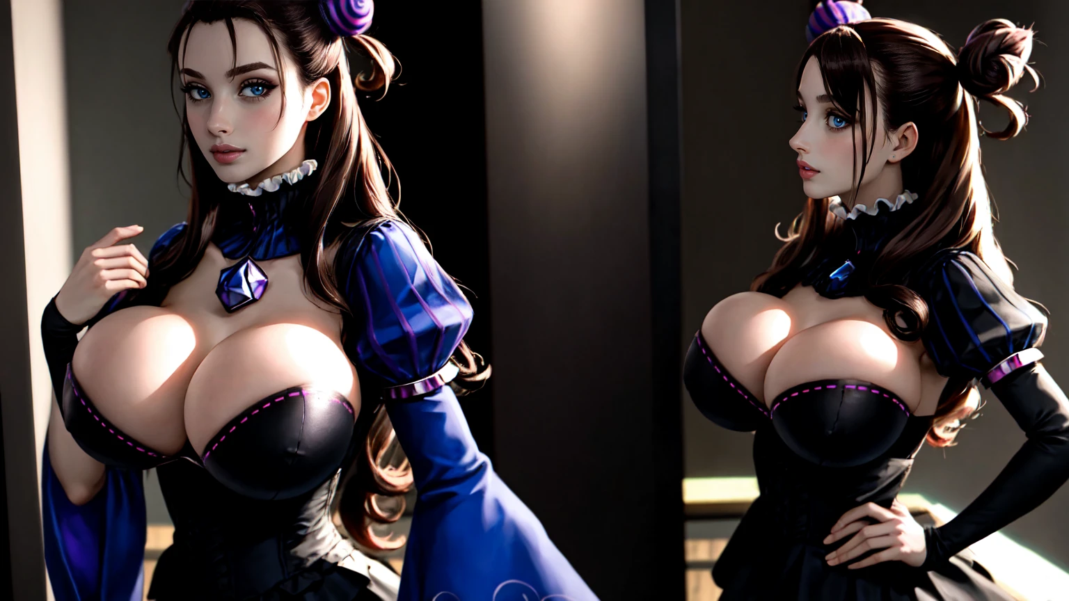 1girl, break,murasakishikibu, murasaki shikibu, brown hair, (purple eyes:1.1), long hair, big breast, BREAK black dress, dress,, frills, juliet sleeves, grey undershirt,long sleeves, puff and slash sleeves, puffy sleeves, purple gemstone, sleeves past wrists, wide sleeves, cone hair bun, double bun, hair bun, hair ornament, long hair, two side up,BREAK (masterpiece:1.2),(beautiful detailed eyes:1.6), extremely detailed face, perfect lighting, extremely detailed CG, (perfect hands, perfect anatomy), standing in a Torture chamber