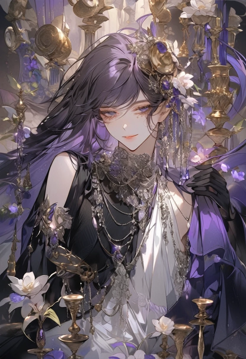 Feminine boy, soft womanish facial features, smile, squinted siren dark blue eyes without glare, silver and dark purple long loose hair with straight bang, fantasy black clothes with blue and purple elements, long black gloves, model, gorgeous, elegant, lots of silver jewelry, flowers in his hair, skinny body, hourglass figure, light lipstick