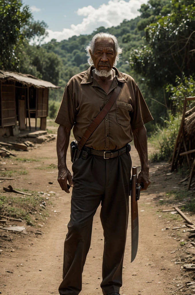 Older man with machete in the distance