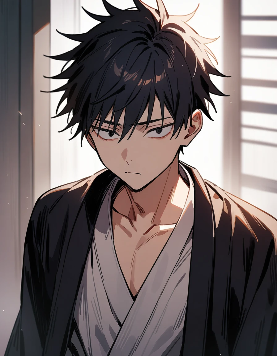 (1boy,jujutsu kaisen) solo, ((white)), black hair, (layered cut), black eyes, hospital robe, tired eyes, eye bags, , masterpiece, best quality, high quality, upper body, male focus,