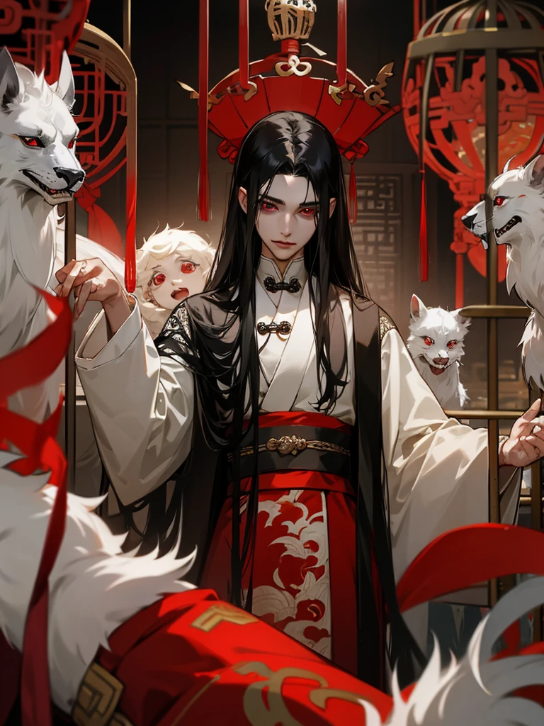 Royal family, young male, beautiful, long black hair, red eyes, fair skin, fancy Chinese clothing, locked in a cage, prisoner.