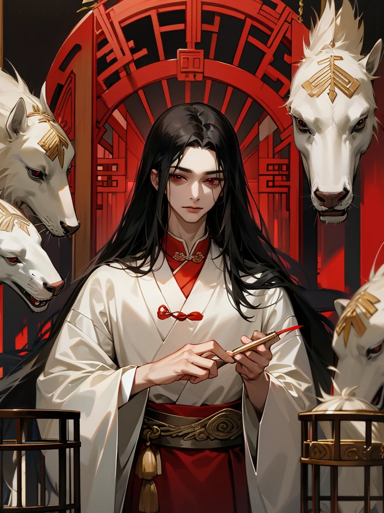 Royal family, young male, beautiful, long black hair, red eyes, fair skin, fancy Chinese clothing, locked in a cage, prisoner.