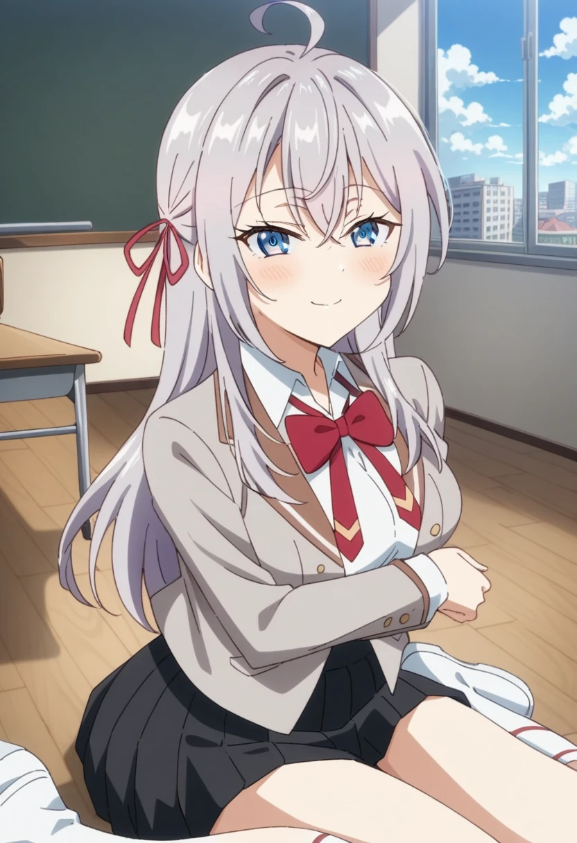 (Anime art style:0.1), 2D, masterpiece, Highest quality, so beautiful, Absurd, Dynamic Shadows, Atmospheric, Arisa_Mikhailovna, (One girl), (Grey Hair), Long Hair, blue eyes, Fine grain, Ahoge, Hair between the eyes, bangs, Medium chest, Curved body, compensate, Intense blush, clavicle, (Sexy smile), Hair Ribbon, Grey jacket, Open clothes, Blazer Buttons, White shirt, Pleated skirt, (Black Blazer), Black Skirt, White knee socks, (Red Bow), bow tie, White shoes, Mary Jane, Sexy smile, (Upper Body), ((wariza)), View your viewers, classroom, blackboard, cloud, On the floor, city