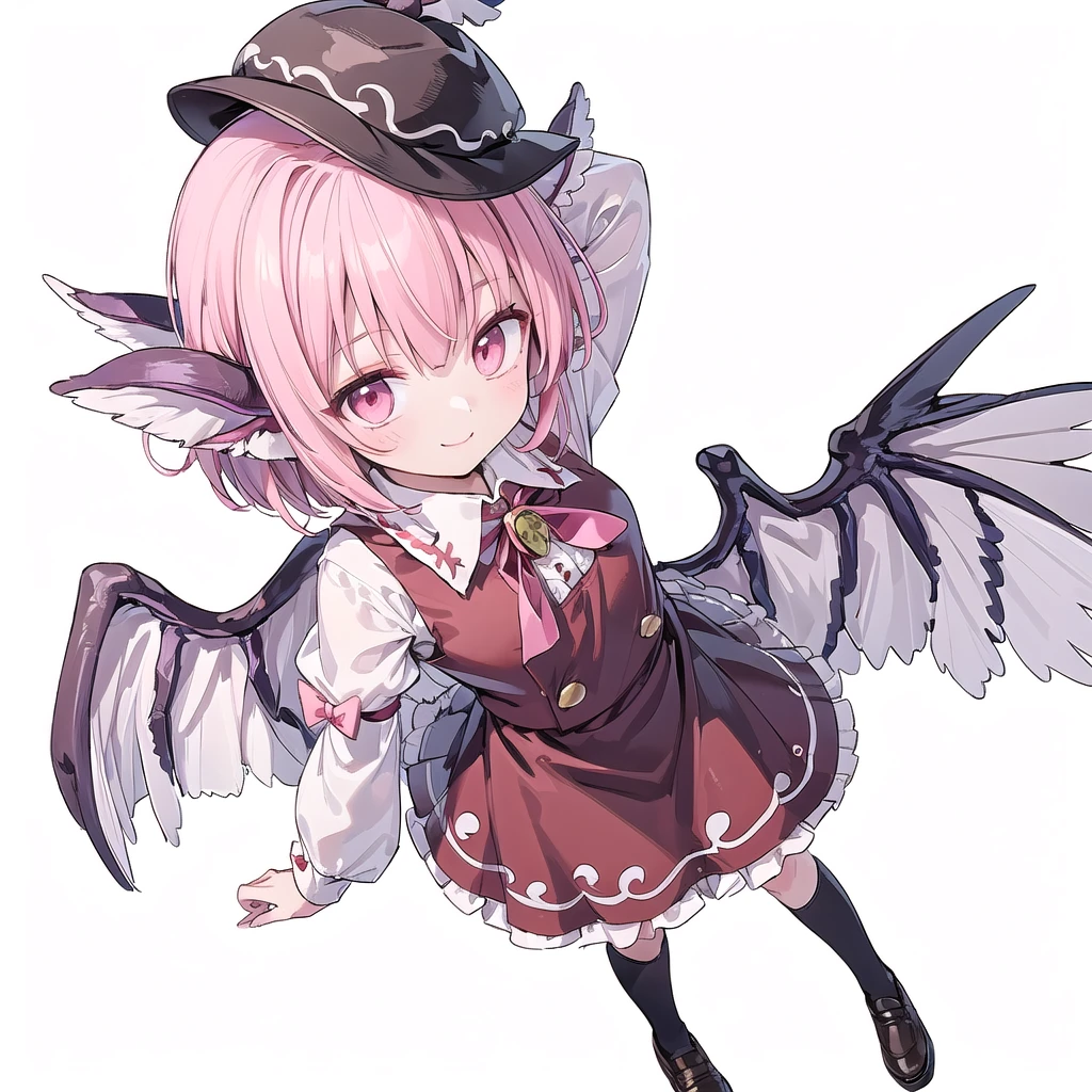 (((one girl))),(((mystia lorelei))),(((touhou))),(((short hair,pink hair))),(((pink eyes))),(((very small bird wings))),(((brown headwear, hat))),(((brown dress,pinafore dress,white shirt,collared shirt,dress bow,pink bow,long sleeves,frilled sleeves,kneehighs,black footwear,winged hat))),(((smile))),(((full body))),(((arms behind head))),(((model posing))),(((simple white background))),(((Angle from above:1.5)))