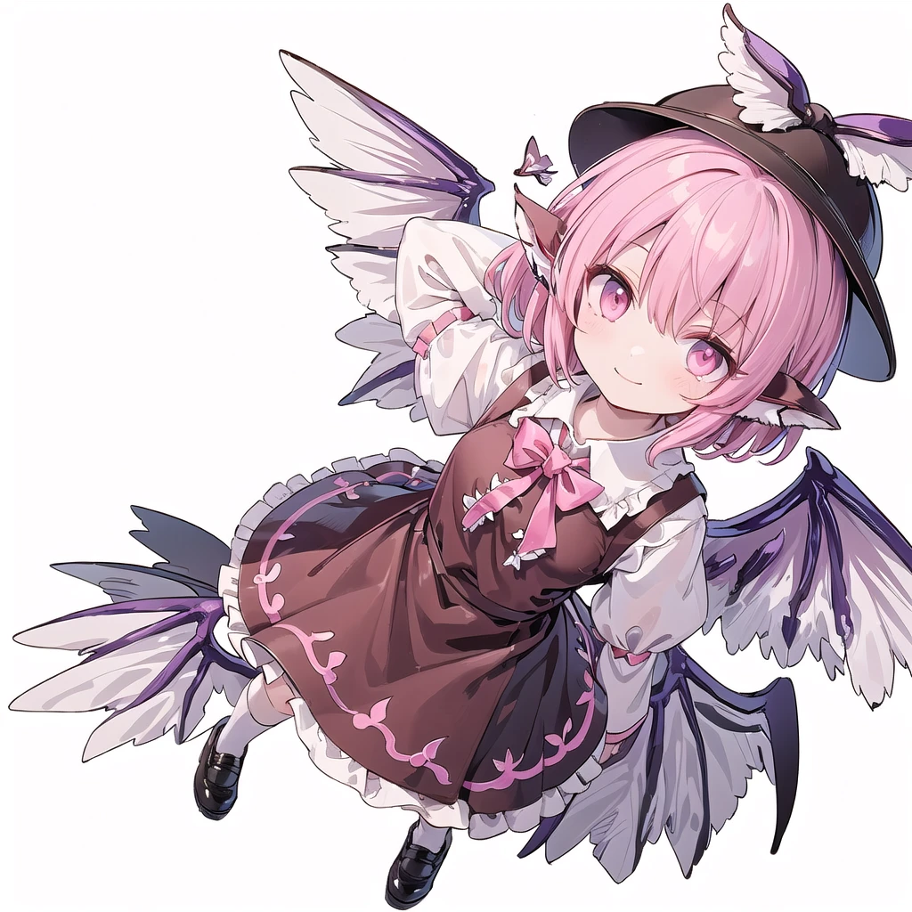 (((one girl))),(((mystia lorelei))),(((touhou))),(((short hair,pink hair))),(((pink eyes))),(((very small bird wings))),(((brown headwear, hat))),(((brown dress,pinafore dress,white shirt,collared shirt,dress bow,pink bow,long sleeves,frilled sleeves,kneehighs,black footwear,winged hat))),(((smile))),(((full body))),(((arms behind head))),(((model posing))),(((simple white background))),(((Angle from above:1.5)))