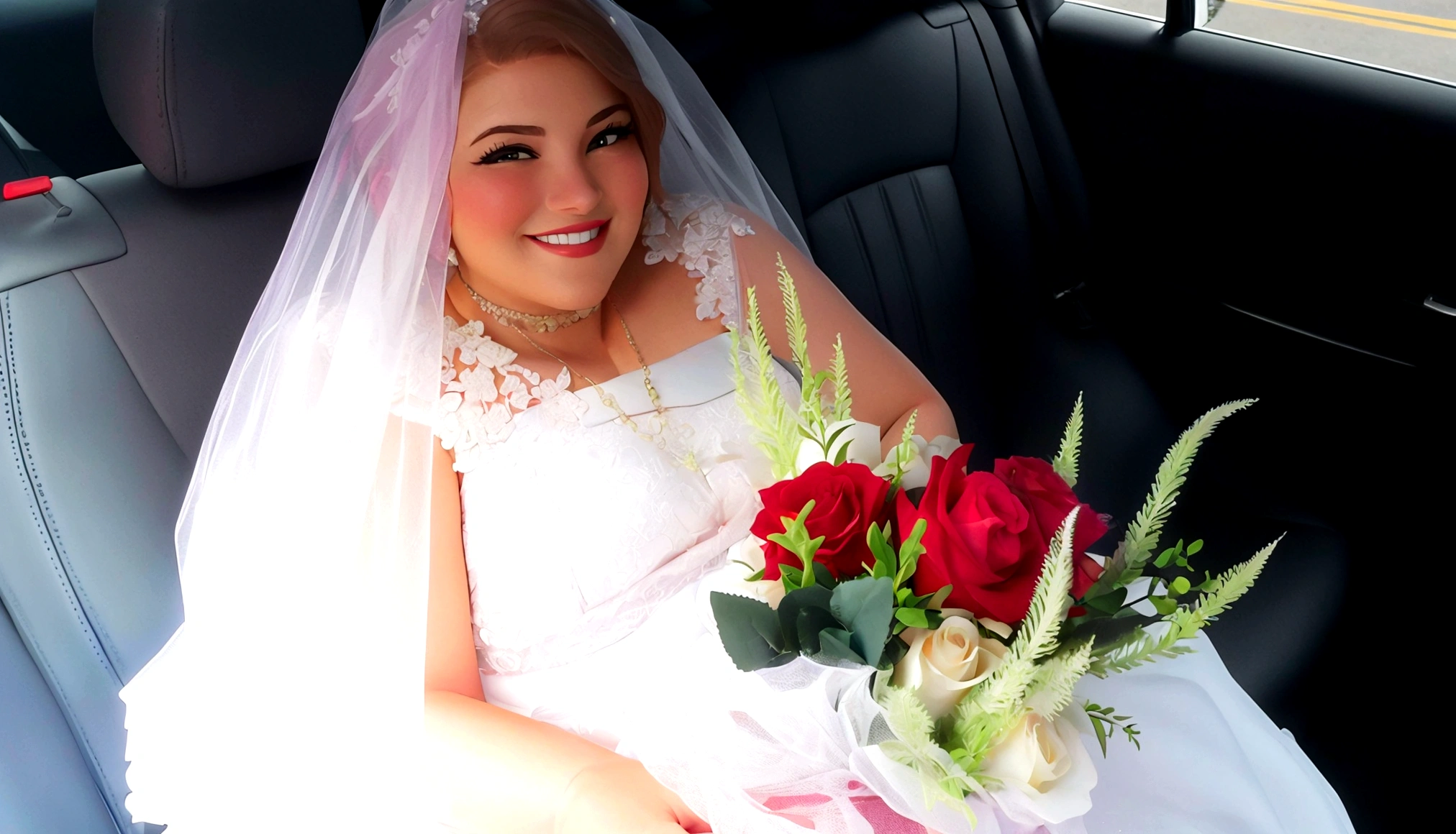 bride sitting in a car with a bouquet of roses in her lap, bride, jacqueline e, marriage, lorena avarez, por Joy Garnett, wearing a marriage dress, sara, por Gwen Barnard, por Bernie D’Andrea, by Susan Heidi, photo taken in 2 0 2 0, photo sideways, por Pat Adams, last photo, sandra chevier