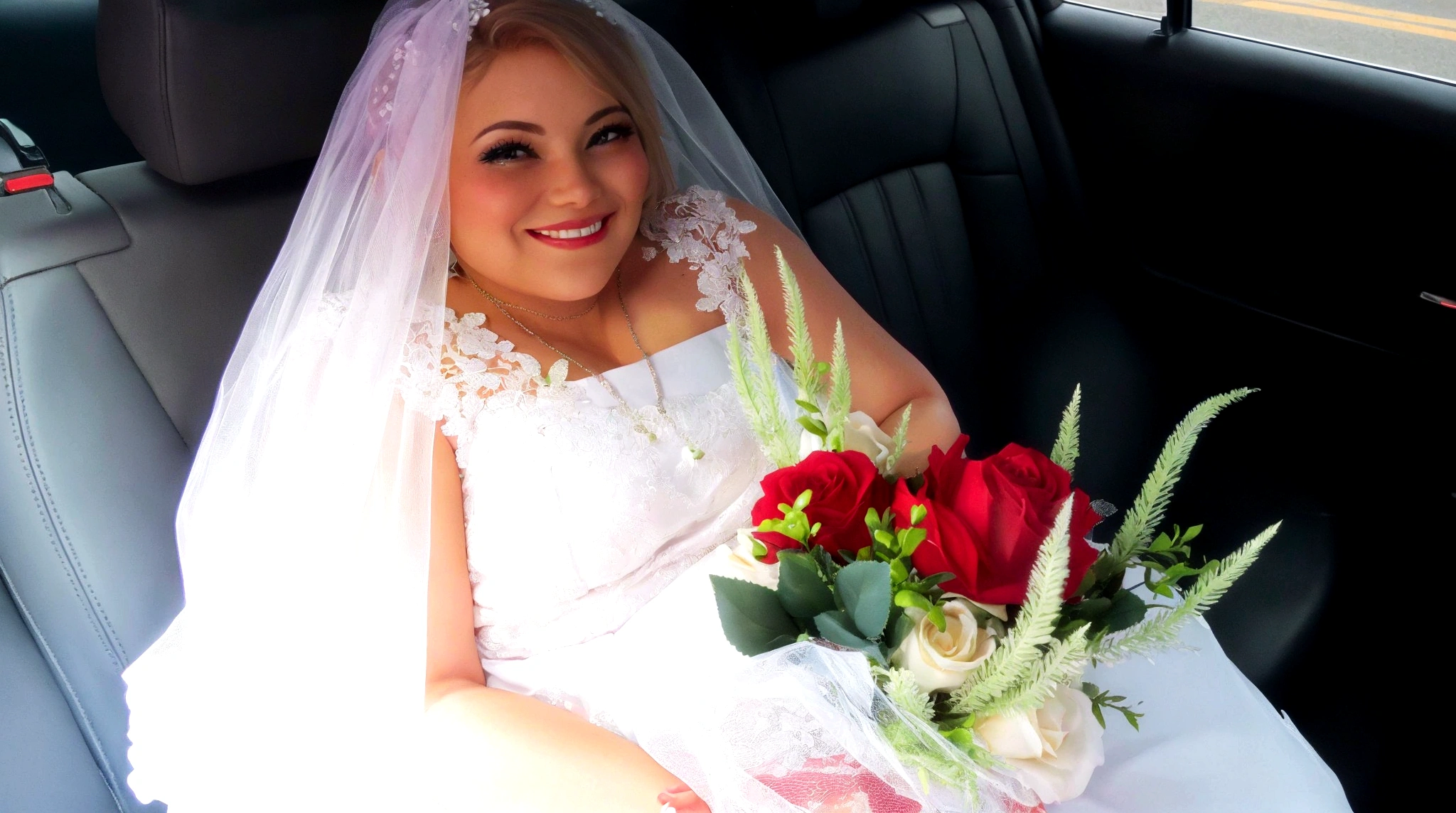 bride sitting in a car with a bouquet of roses in her lap, bride, jacqueline e, marriage, lorena avarez, por Joy Garnett, wearing a marriage dress, sara, por Gwen Barnard, por Bernie D’Andrea, by Susan Heidi, photo taken in 2 0 2 0, photo sideways, por Pat Adams, last photo, sandra chevier