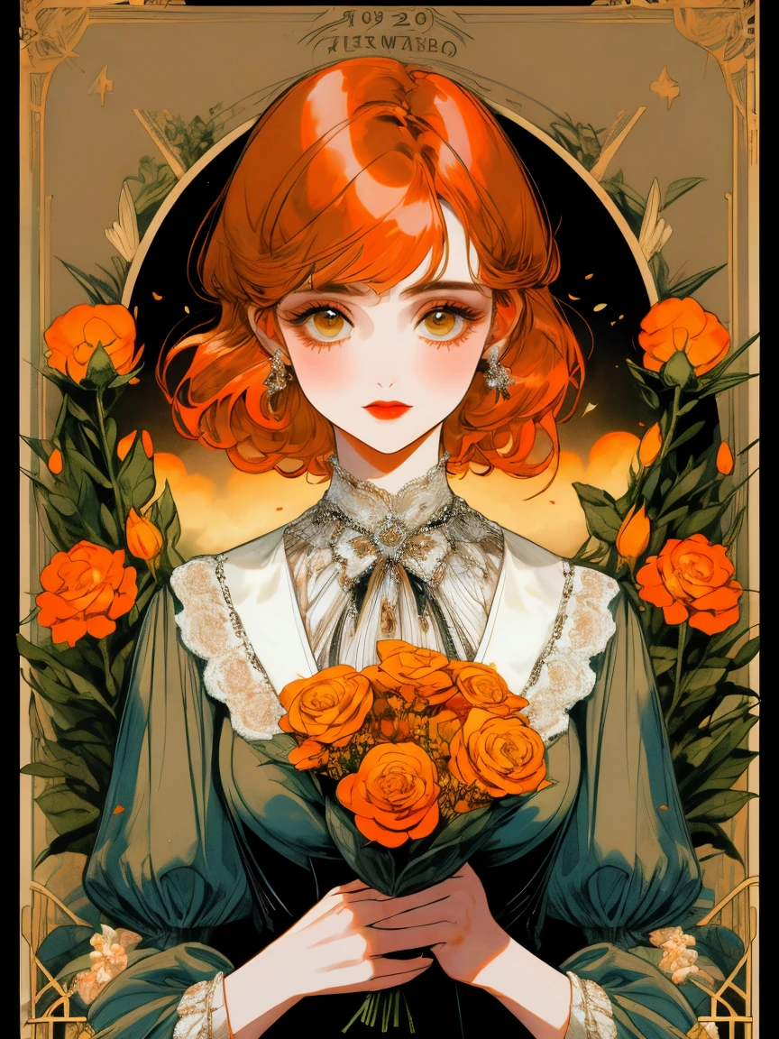 masterpiece, collage of short orange haired woman holding flowers, 1920s outfit, cruise