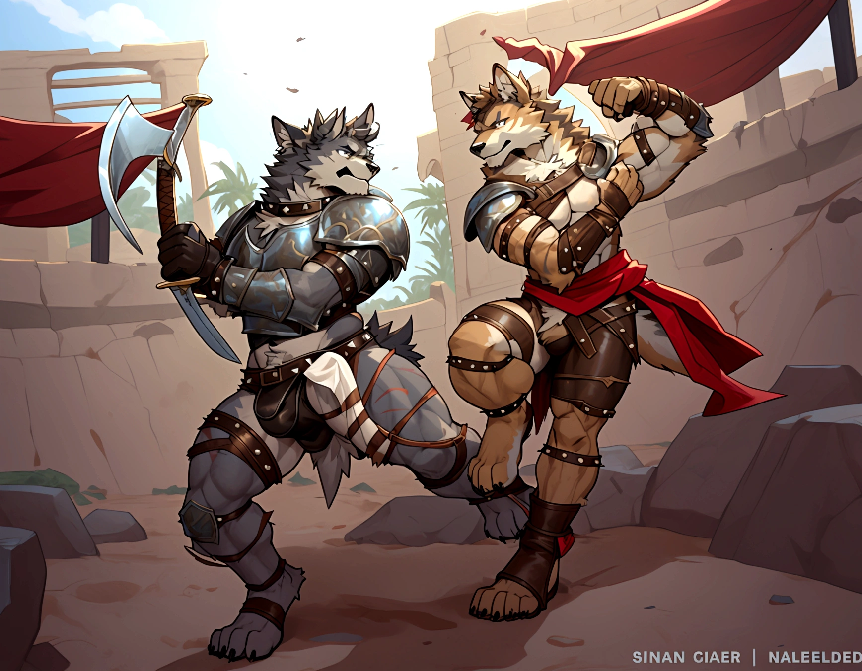 Couple of Sexy young anthro furry wolfes male mercenary gladiators, slim endomorph muscular, handsome gay model male apperance, they are fighting with swords on desert ancient arena, sword duel, angry anger look, rage, sword scars, worn out leather skimpy armament, low on hips heavy leather belt, old very worn out skimpy dirty linen material jockstrap, old yellow dirty worn out stains on white sawn jockstrap, very visible "x" brown seam pattern on the jockstrap, studded skimpy armlets breastplate armor, skimpy breastplate, leather bondages, fingerless leather gloves, smelly unwashed furr, dirty body look