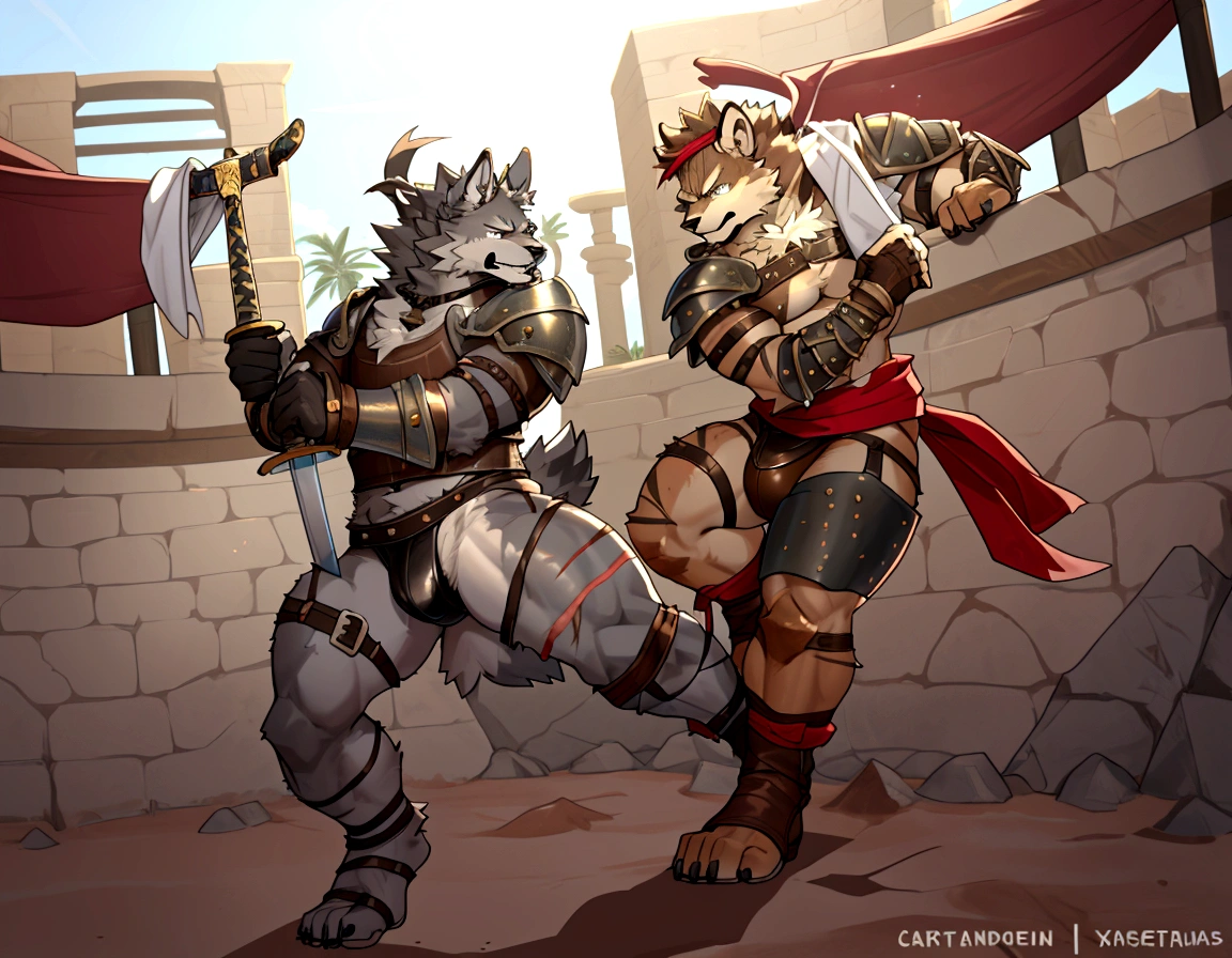 Couple of young anthro furry wolfes male mercenary gladiators, slim endomorph muscular, handsome gay el male apperance, they are fighting with swords on desert ancient arena, sword duel, angry anger look, rage, sword scars, worn out leather skimpy armament, low on hips heavy leather belt, old very worn out skimpy dirty linen material jockstrap, old yellow dirty worn out stains on white sawn jockstrap, very visible "x" brown seam pattern on the jockstrap, studded skimpy armlets breastplate armor, skimpy breastplate, leather bondages, fingerless leather gloves, smelly unwashed furr, dirty body look