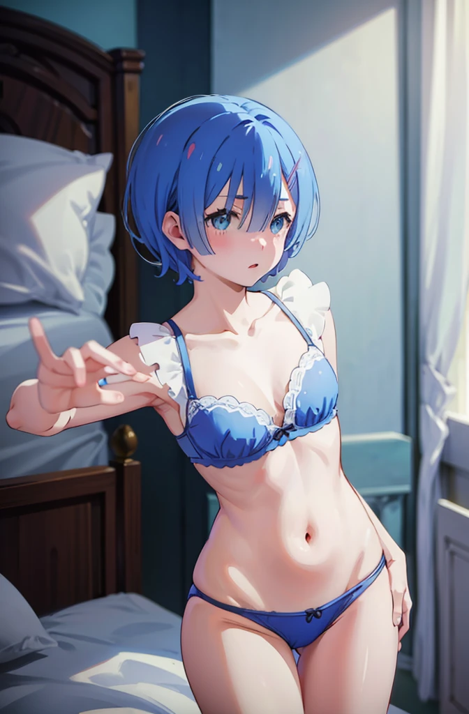 In underwear、Blushing、Blue Hair、Random pose、、short hair、On the bed、In underwear、Random pose、Glamorous expression、