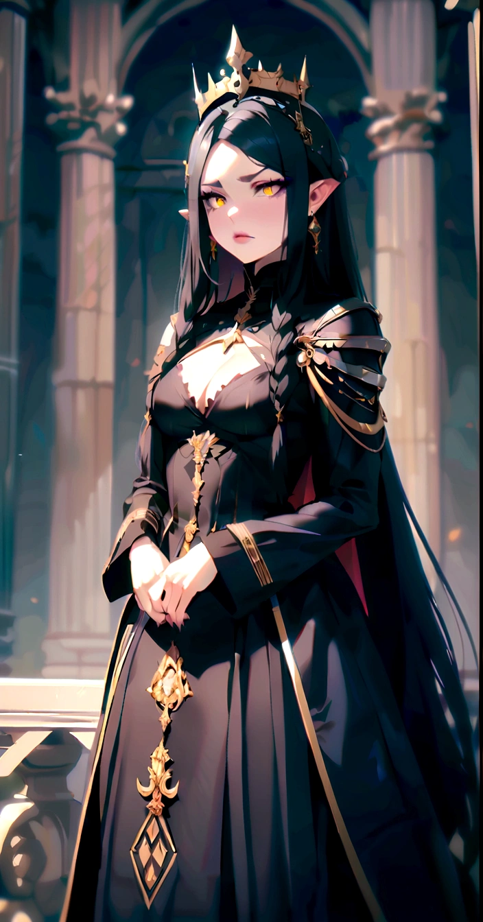 muscular girl large breasts thick thighs wide hips curvy toned body black hair yellow eyes pale skin sad gothic queen pointy ears 