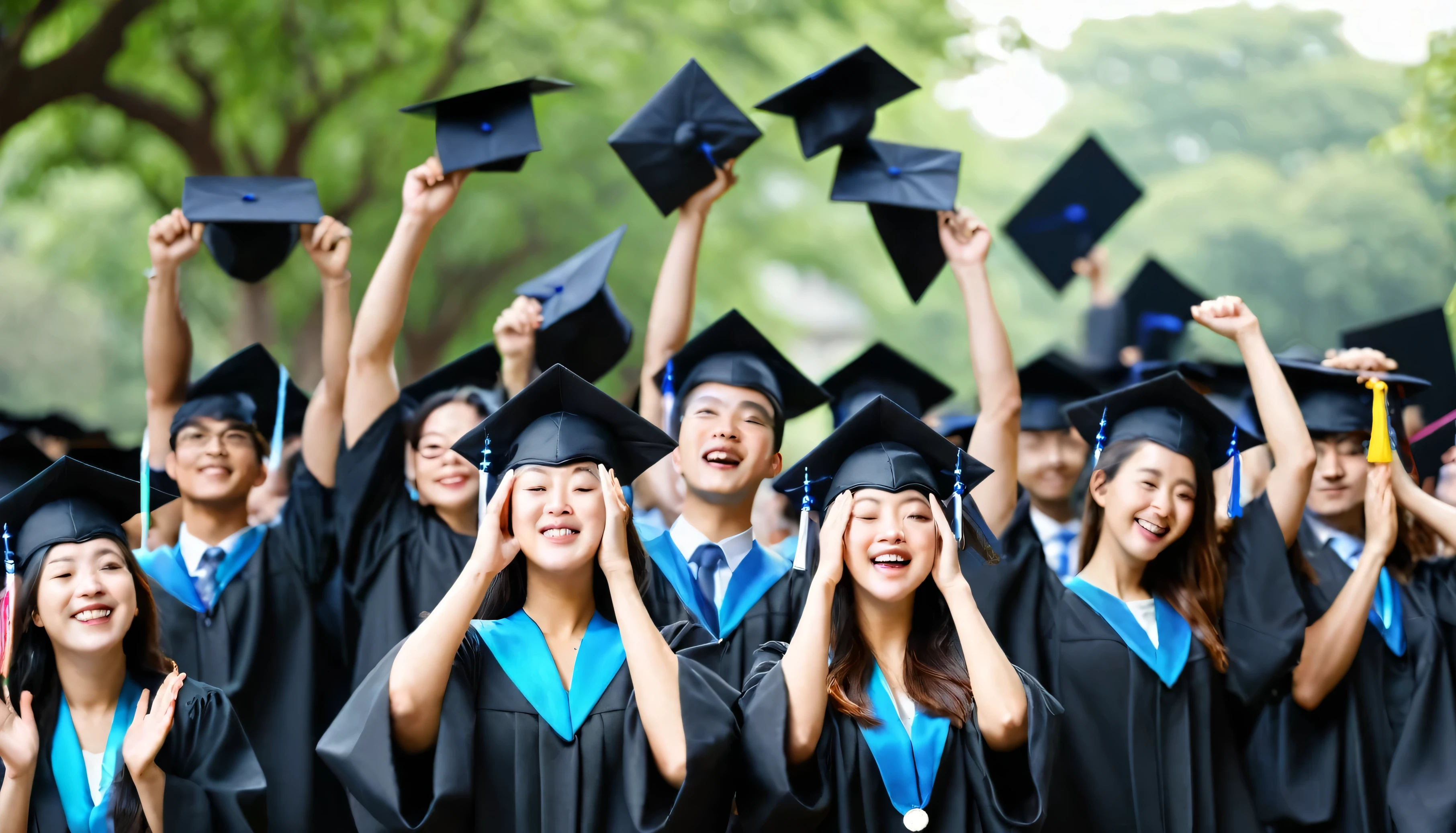 Female and male university graduate students celebrated their graduation by throwing black yoga hats over their faces with blurry photos