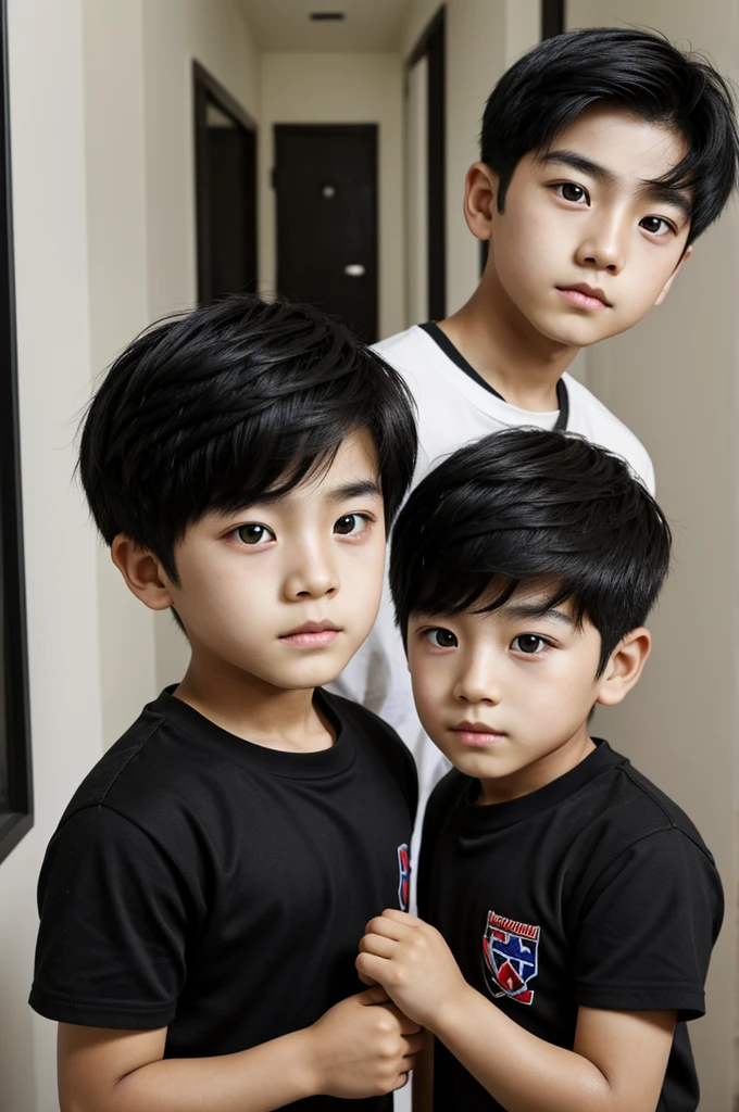 2 boys twins Korean descent black eyes black hair 6 years realistic