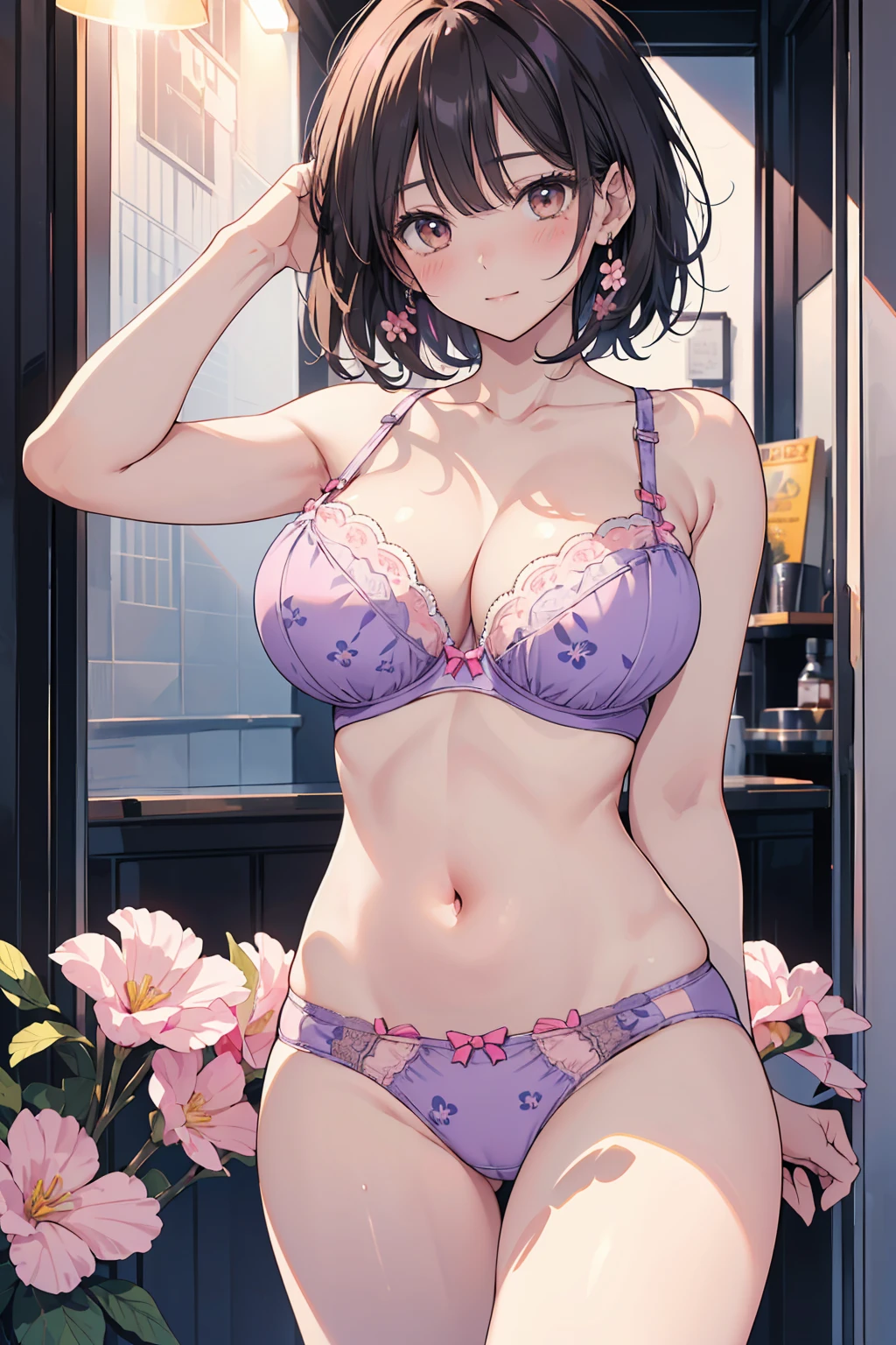 1 woman, ((short hair)), ((brown eyes, beautiful eyelashes, realistic eyes)), ((detailed face, blush:1.2)), ((smooth texture:0.75, realistic texture:0.65, Realistic:1.1), Anime CG style)), ((Glamorous body)), ((huge breasts)), Dynamic angle, Perfect body, ((Light purple bra, cute, pink floral pattern panties:1.3)), Beautiful skin Legs, shiny legs, I lift her skirt with my hands, (very embarrassed panic smile), and see her panties sticking out in front of me. Focus on the whole body, from below (((revealing my panties))), ((Masterpiece, top quality, high resolution, perfect pixels, 8K)),