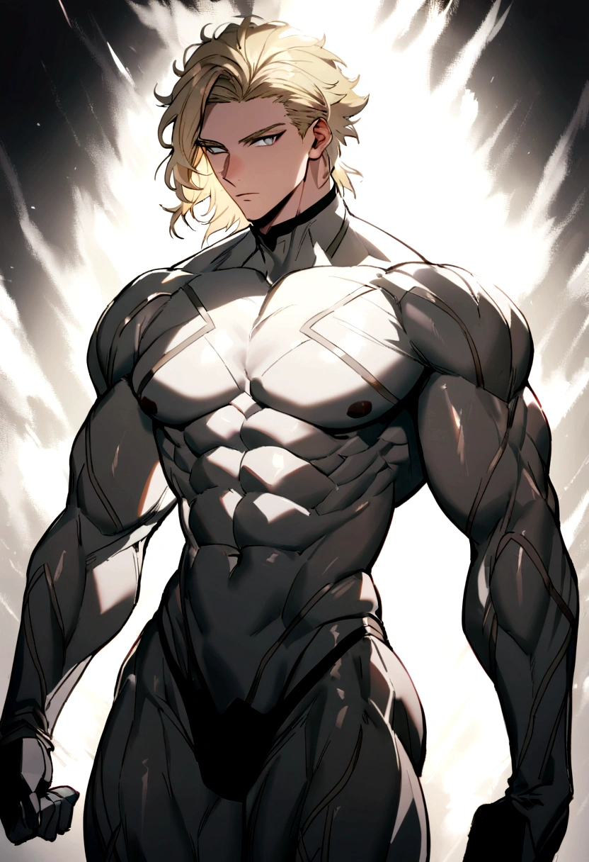 19-year-old boy with a muscular and robust body, grey eyes, clear and smooth skin, short wavy blonde hair, tall, handsomem, handsome, with grey magic grey energy aurond. 