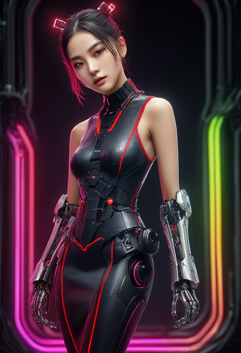 xxmixgirl. Highly detailed professional 35mm film, bokeh, face in sharp focus. A robotic female, Miku, with ((metal skin)), ((perfect Asian eyes)) with magenta irises and ((black pupils)), beautiful serious (detailed face), 18 year old ((photorealistic face)), very long magenta twin tails of magenta hair, twin black hair ties with a single red stripe. She may have a black audio headpiece. We can see her ((full body)) down to her boot soles. Her outfit is a sleeveless collared light grey shirt, outlined in red around the frilled collar and hems. Shiny reflective ((metallic breast cups, dimpleless)), invisible nipples. She wears black sleeves with red hems that start around her upper arm and bellow out as the sleeves open and extend to her wrists, with wide trumpet red rimmed cuffs. She has perfect robotic (detailed hands). She wears a red colored tie with two horizontal solid parallel black lines halfway across. She wears a fabric black skirt with a horizontal red hem at the bottom all the way around; her (((black skirt wraps around her))) and ((her skirt completely covers)) her robotic waist and thighs. Tall black boots with red bottom soles, a red rim around the top at her thighs. Her mechanical shoulder joints are visible. We can see her robotic legs and robotic neck. Half of her is covered with shiny polished machinery. The background is a distant dark neon futuristic Japanese city, gold, cyan, violet neon, near harbor or mountains.