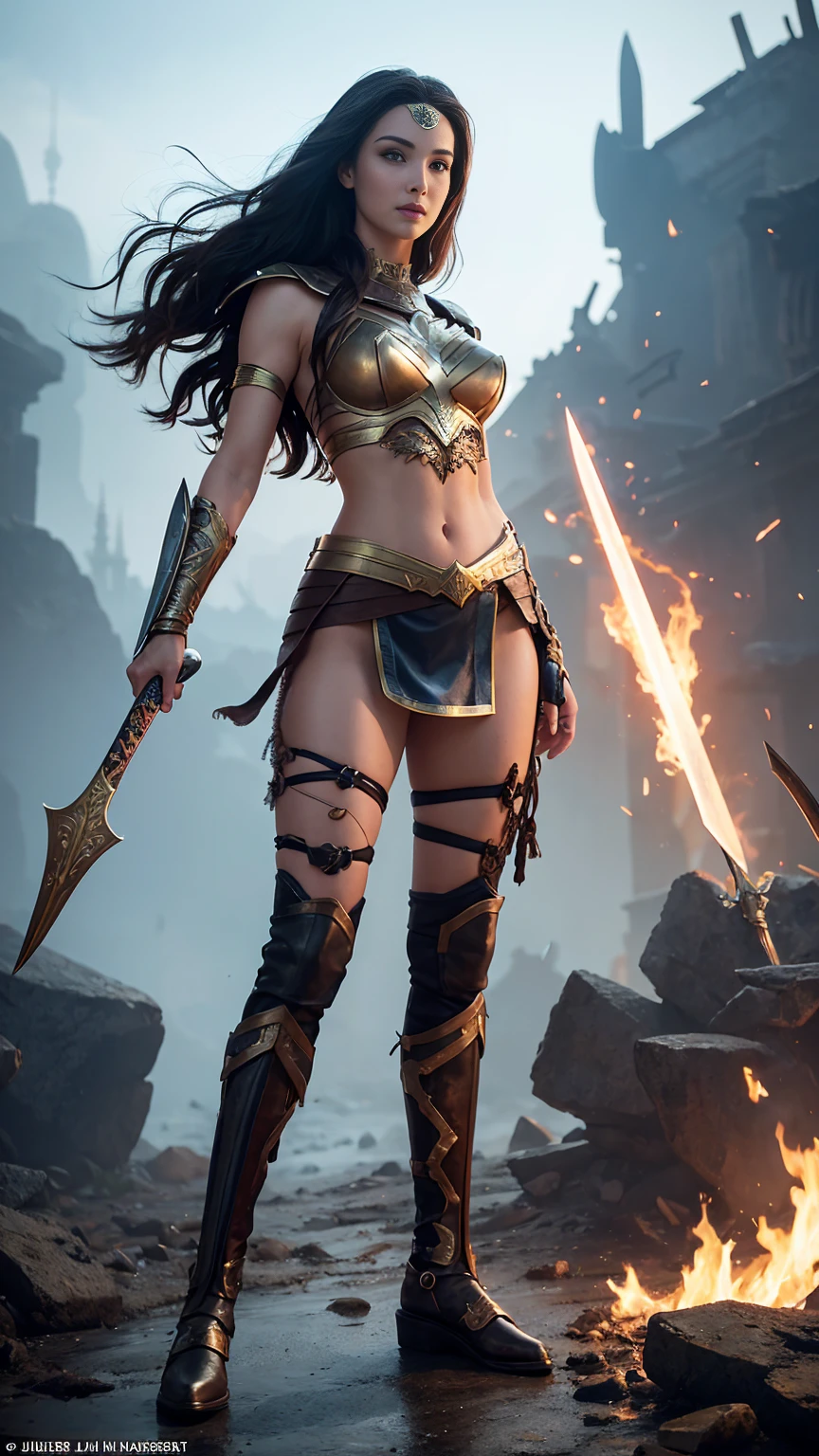 (((full body photo))),a woman dressed as a warrior holding a sword, sexy painting of gal gadot, tyler edlin fantasy art, fantasy woman, gal gadot as hell lord, zenescope, a very beautiful berserker woman, magali villeneuve', as seen on artgerm, very beautiful female barbarian, artgerm julie bell beeple, 4k fantasy art