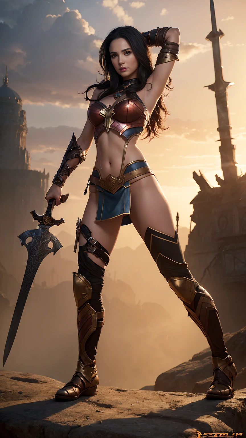 (Masterpiece), (Intricate Details), (Photorealistic: 1.3), (Film Grain: 1.4), (Perfect Anatomy), Beautiful full-body woman, 20 years old, Korean, muscular and perfect body, savage warrior, brave face with blood-stained sword, (against the backdrop of magical and mythical wonders), combat readiness posture, full armor,