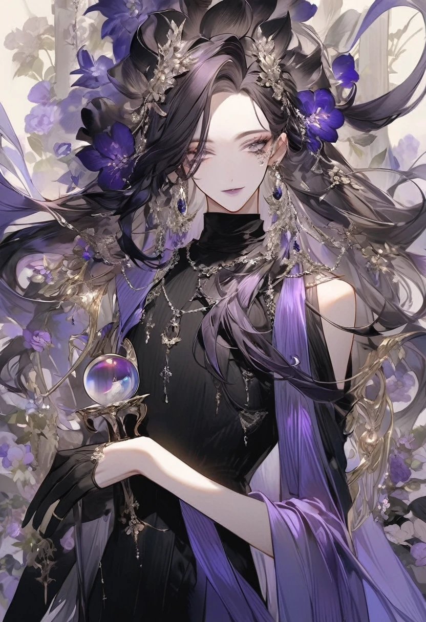 Feminine boy, soft womanish facial features, smile, squinted siren dark blue eyes without glare, silver and dark purple long loose hair with straight bang, fantasy black clothes with blue and purple elements, long black gloves, model, gorgeous, elegant, lots of silver jewelry, flowers in his hair, skinny body, hourglass figure, light lipstick