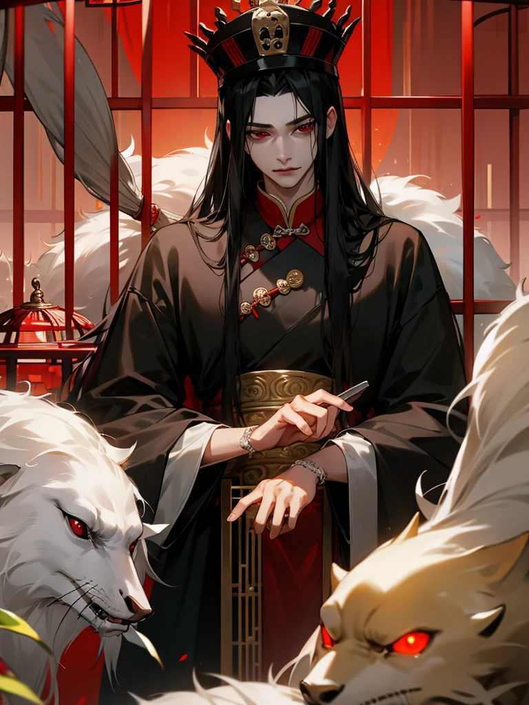 Royal family, young male, beautiful, long black hair, red eyes, fair skin, fancy Chinese clothing, locked in a cage, prisoner.