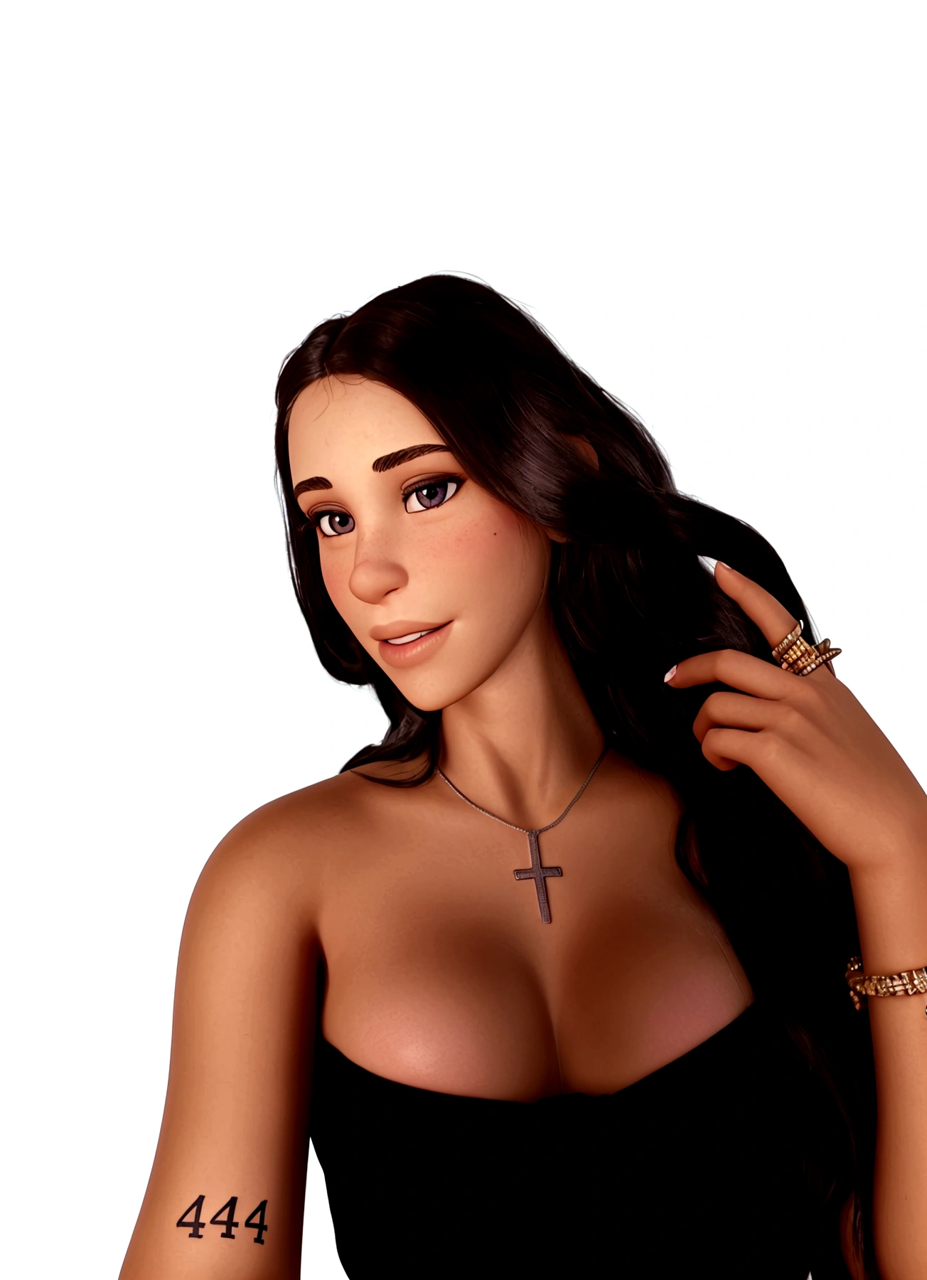 Arafa woman with a tattoo of 444 on her arm and a cross on her chest, retrato sophie mudd, How much, cerveja madison girl portrait, clear portrait of half pink, cerveja madison, portrait of half pink, in a black bra, portrait half pink, half pink, violet myers, 3d pixar style, official product photo, 18 years old, 2 4 year old female model
