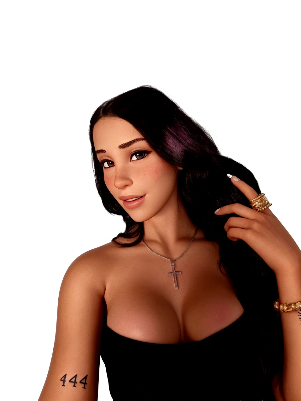 Arafa woman with a tattoo of 444 on her arm and a cross on her chest, retrato sophie mudd, How much, cerveja madison girl portrait, clear portrait of half pink, cerveja madison, portrait of half pink, in a black bra, portrait half pink, half pink, violet myers, 3d pixar style, official product photo, 18 years old, 2 4 year old female model