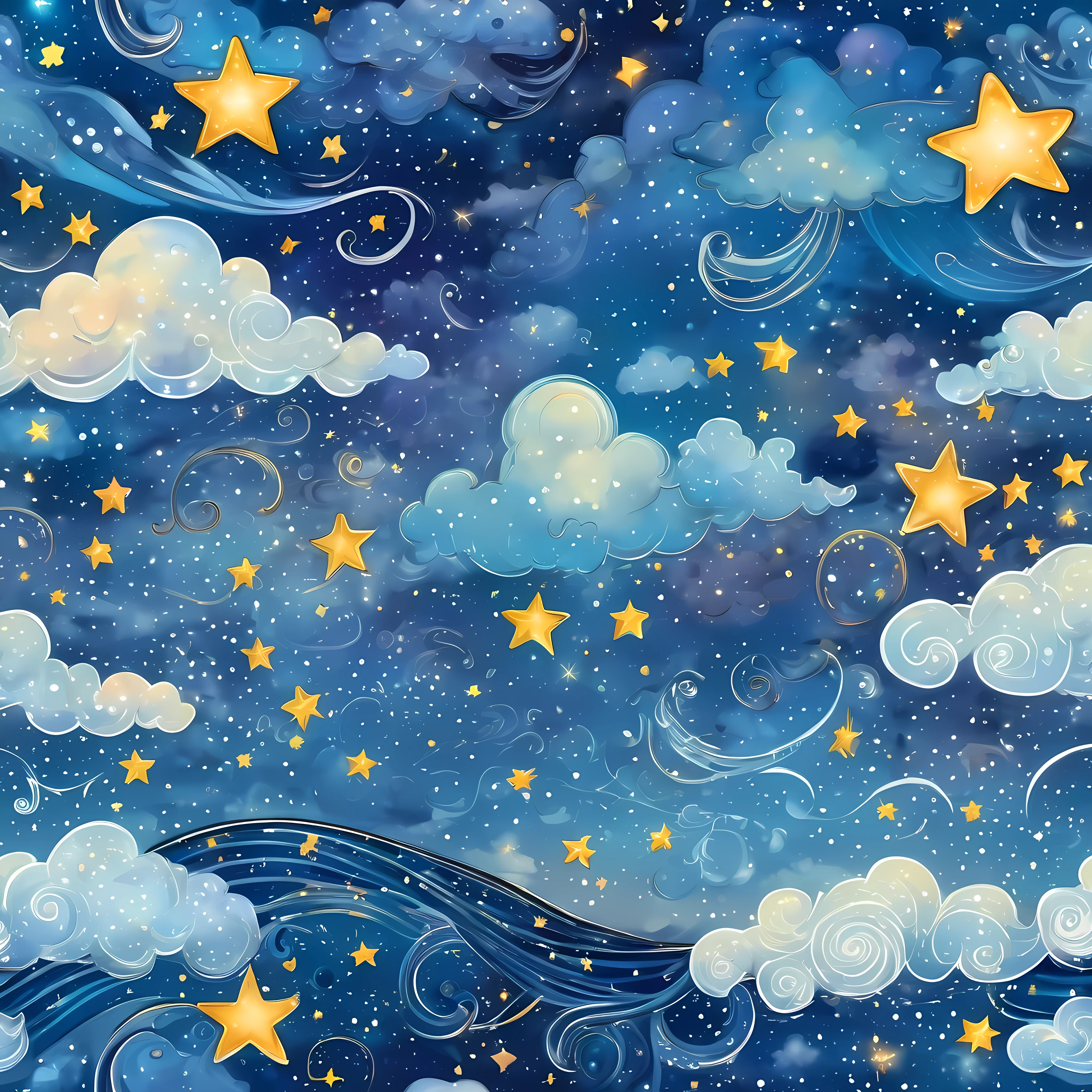 starry night sky with clouds and stars and a wave, stars and paisley filled sky, night sky with clouds and stars, cosmic starry sky, sky strewn with stars, starry background, stary sky, starry night sky, baroque painting. star lit sky, background is made of stars, ocean pattern and night sky, stary night painting, dreamy illustration, starry sky